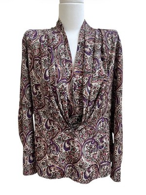Sonya Ratay San Andre Vtg Long Slv Blouse 12 Pleat Gather Front Paisley Satin