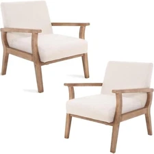 Mid Century Modern Accent Chairs Set of 2 Linen Upholstered Armchairs 