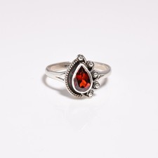 925 Sterling Silver Natural Garnet Teardrop Pear Crown Fan Boho Ring