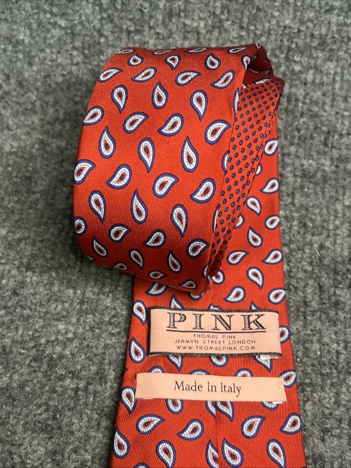 Corbata Thomas Rosa Hombre Rojo Azul Estampado Micro Paisley 100% Seda Foto 4 de 4