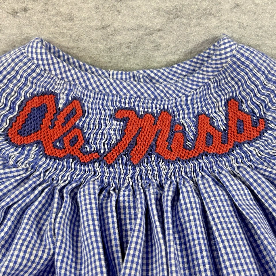 Girls 12M Vive La Fete Smocked OLE MISS Bishop Dress Gingham Blue White Red - Image 4 of 4