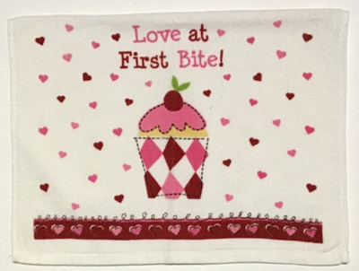 Valentine's Day Kitchen Towel ''Love At First Bite!'' Ice Cream Sundae & Hearts