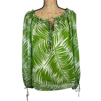 Milly of New York Long Sleeve Silk Blouse Green Tropical Botanical Print Size 2