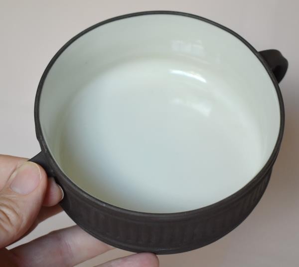 1960'S DANSK FLUTED FLAMESTONE DARK BROWN TWO HANDLED INDIVIDUAL CASSEROLE HV 6