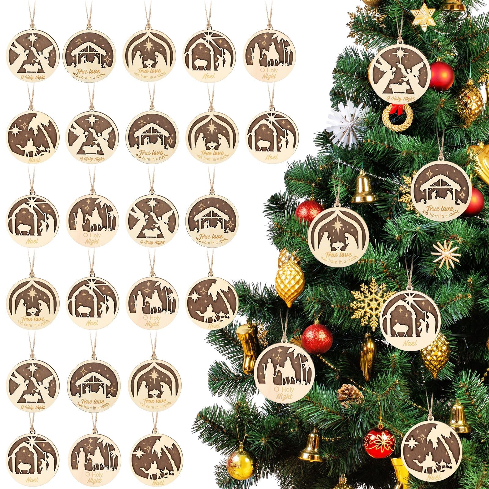 24 Pcs Nativity Scene Ornament, Christmas Wooden Hanging Ornament, Nativity X...