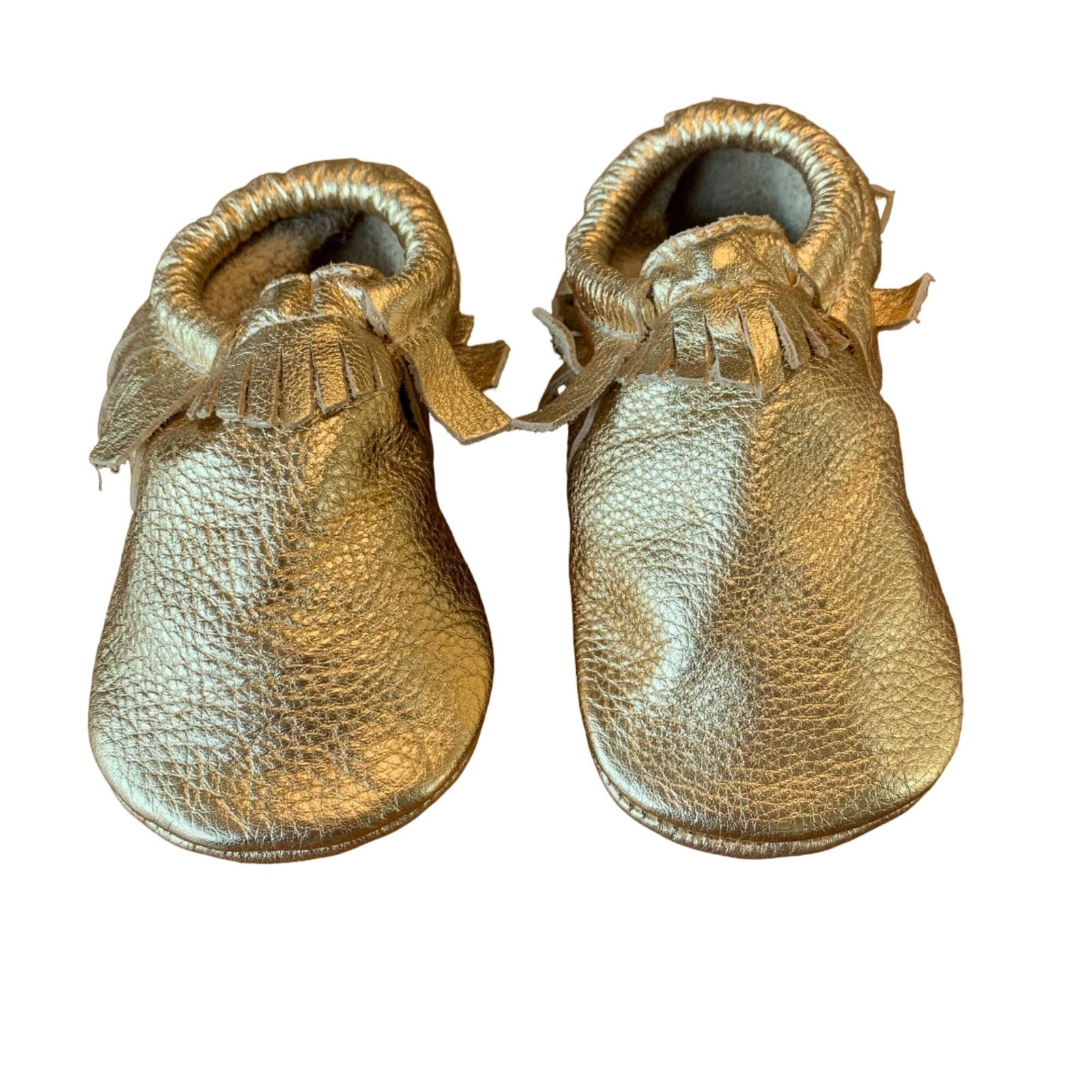 FRESHLY PICKED Gold Baby Moccasins 8 Fringe Leather Soft Sole Infant Moccs Shoes
