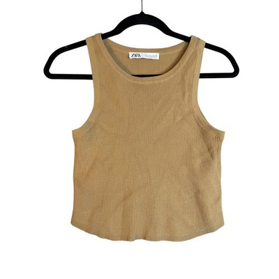 Zara Womens Ribbed Knit Tank Top Tan Camel Crew Neck Sleeveless Size Large