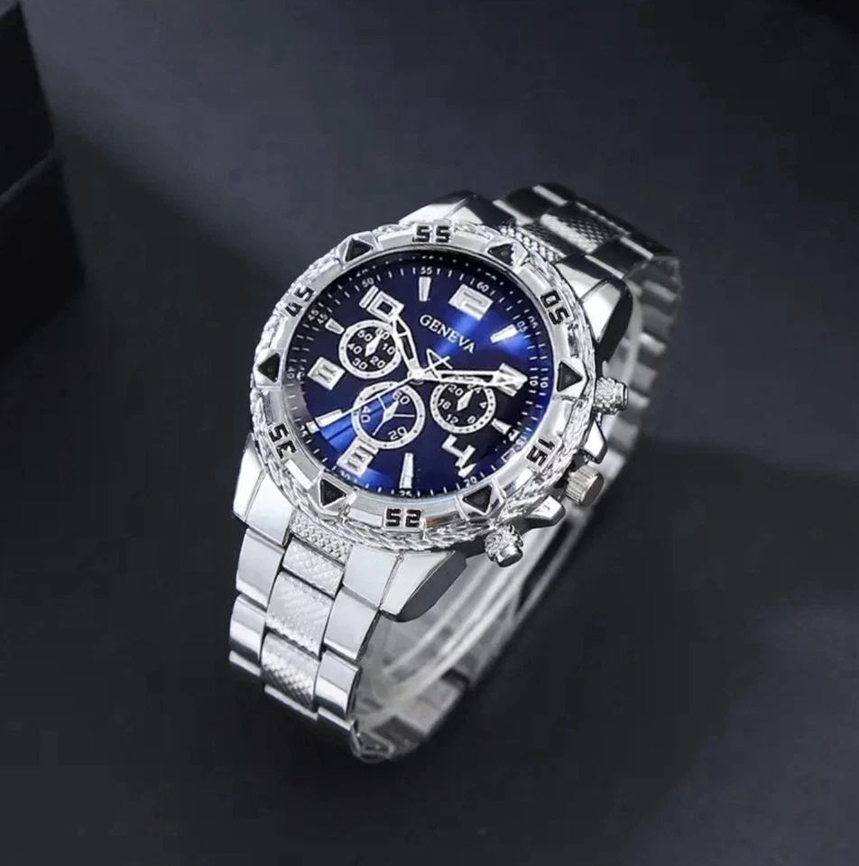 4 изделия роскошь часы комплект мужской Geneva хронограф золото серебро синий белый подарок новый - Изображение 4 из 4