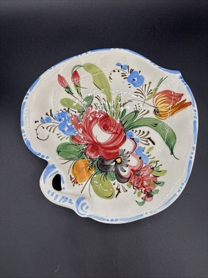Italian Majolica Nove Rose Blue 9'' Vintage Plate with Scalloped Edge Leaf Shape