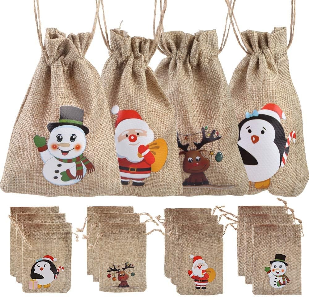 LOKIPA 12 Christmas Jute Burlap Gift Bags Pouches with Drawstring Small Candy B
