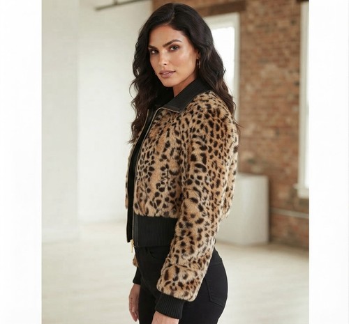 GUESS Leopard Faux Fur Bomber Jacket Y2K Zip-Up Women’s Medium Mob Wife