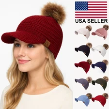 C.C Exclusive Women Warm Knit Brim Visor Beanie Hat With Fur Pom Pom