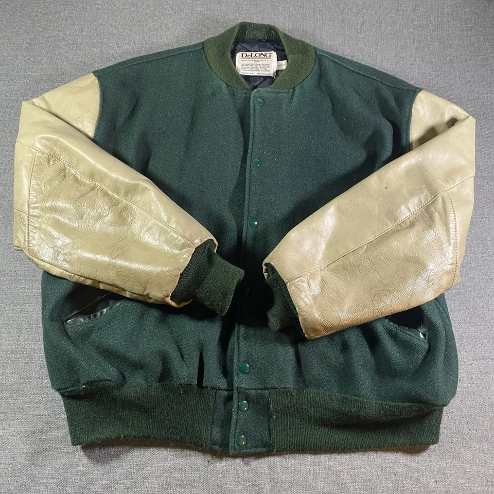 Chaqueta Letterman Universitaria DeLONG De Colección Hombres 2X Lana Verde Manga Cuero EE. UU. Foto 2 de 4