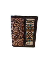 Twisted X Tri Fold Wallet Floral Carving TT Finish Aztec Beads Inlay Western