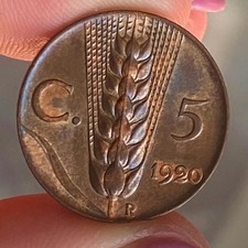 VITTORIO EMANUELE III 5 CENTESIMI 1920 SPIGA FIOR DI CONIO RAME ROSSO UNC