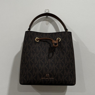 Michael Kors Brown MK Monogram Small Drawstring Bucket Top Handle Crossbody