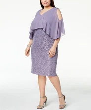 $229 SL Fashions New York Womens Purple Sequined Cold-Shoulder Cape Dress 18W