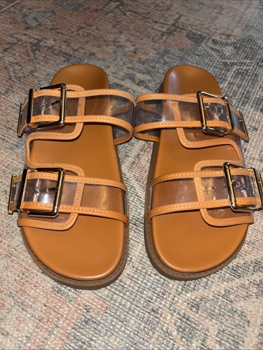 Schutz Naomi Vinyl-Ledersandale Größe 6,5 neu ohne Etikett braun Damen transparenter Riemen