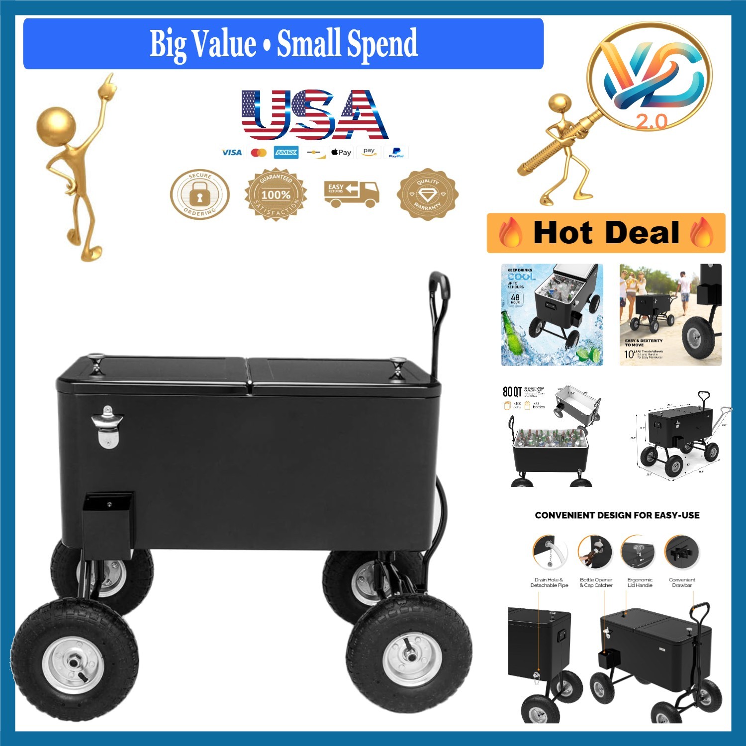 Ice Chest With Wheels Black Portable Outdoor Bar