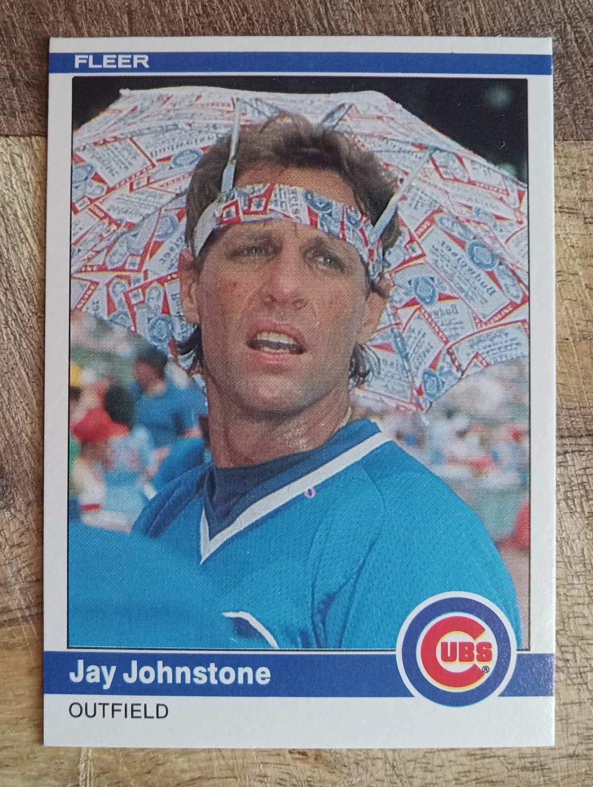 1984 Fleer Baseball Card / JAY JOHNSTONE #495 "Budweiser Umbrella Hat" Oddball