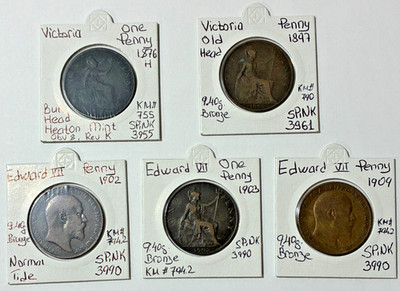 Great Britain, Victoria and Edward VII, Penny, lot of 5, including 1876H (obv 8)