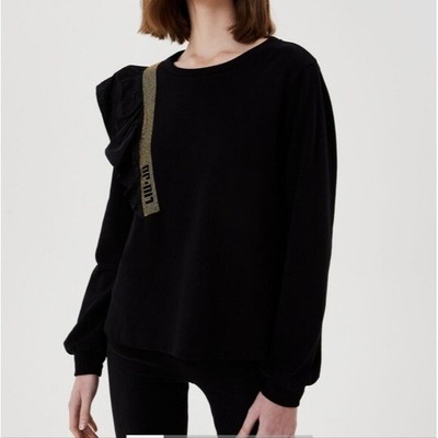 Liu Jo Milano Black Sweatshirt with Sholder Ruffle Flounces Crystal Logo Sz L