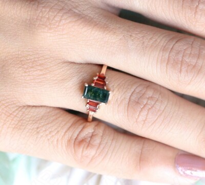 Natural Moss Agate Wave Band Ring Engagement Sterling Silver Rings For Her