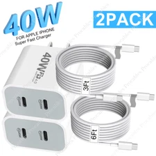 2X 40W Fast Charger Adapter PD Cable USB C For iPhone 17 16 15 14 13 12 11 iPad