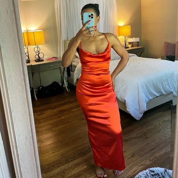 Bright Orange Satin Cowl Neck Lace Up Back Maxi Dress