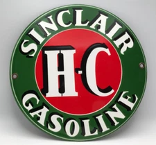 VINTAGE SINCLAIR H-C GASOLINE OIL PORCELAIN METAL GAS PUMP DOOR SIGN 8”
