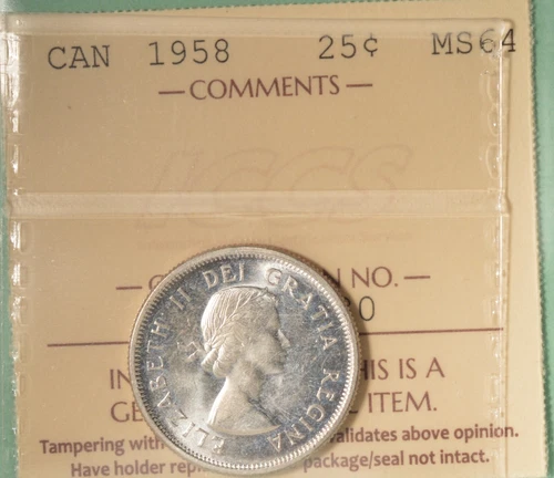1958 Canada 25¢ -  Graded - ICCS MS-64  serial# XGY 330