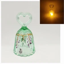 FENTON Glass Bell Heart Handle Green Sea Mist SIGNED HP Purple Flowers Leaves 6"