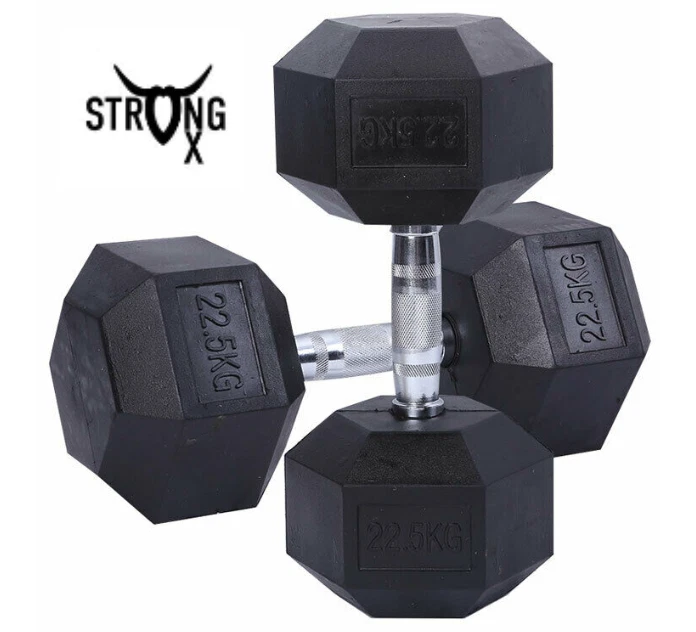 Strong Ox Pair of Hex Dumbbells Black Cast Iron Rubber Coated
