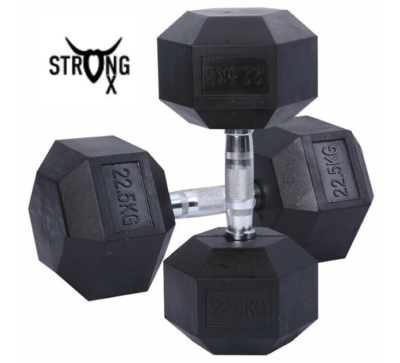Strong Ox™ Pair of Hex Dumbbells Black Cast Iron Rubber Coated