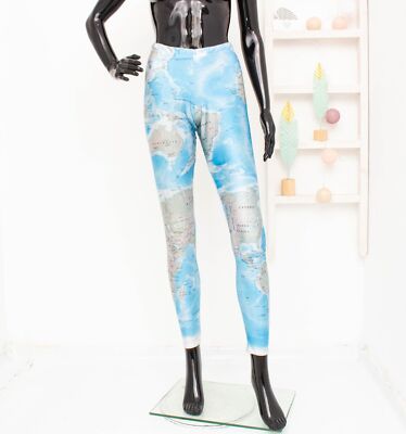 Black Milk Weltkarten-Leggings, mittelhoch, blau/beige, Fitness, Yoga, Damen, L