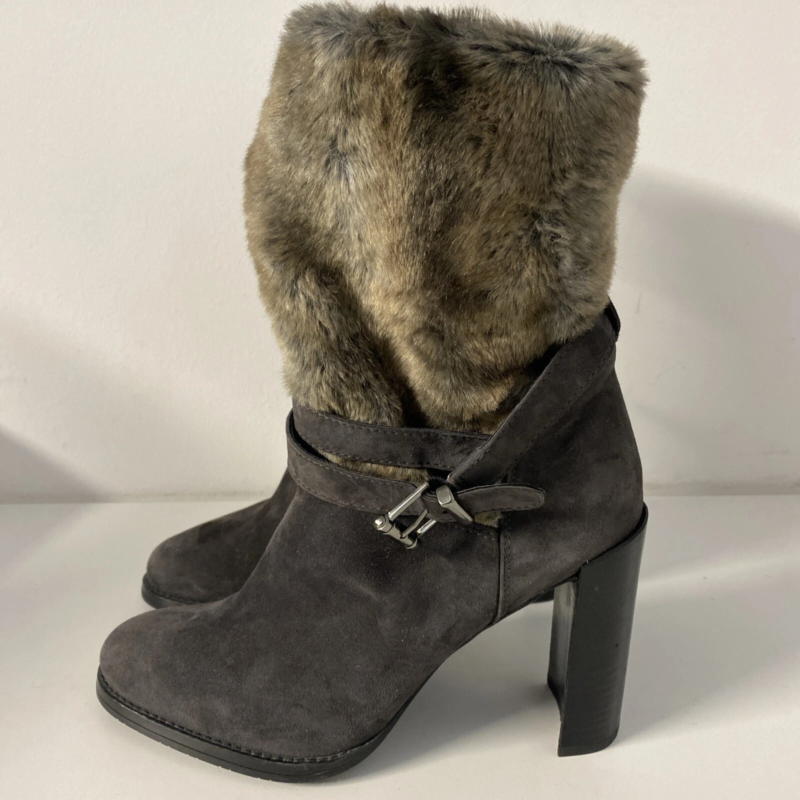 Stuart Weitzman Furstup Fur Boot Heel Suede Slate Grey Ankle Bootie Round Toe 10