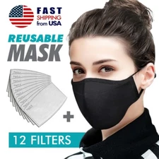 Face Nose Mask Unisex Washable Reusable Soft Double Layer Cotton & 12 Filters