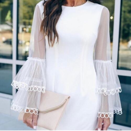 NWT INA White Knit Mini Sheath Dress with Mesh Tiered Bell Sleeves Size Small