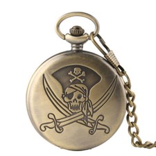 Vintage Copper Pirate Skull Bronze Men Quartz Pocket Watch Necklace Chain Gift