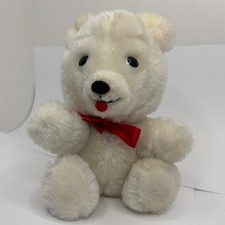 Vintage 1975 R Dakin Co White Teddy Bear Plush Red Bow 7 Inch Nutshell Fill