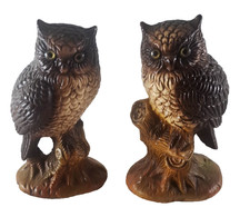Vintage Owl Pair Figurines Brown Resin Birds of Prey Retro 1980s Woodsy 7"