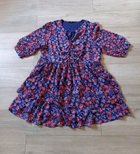 Very Blue Floral Layered Sheer Flared Dress Ruched Tie Neck Boho Holiday UK18/20