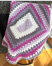 Crochet Granny Square Rectangle Blanket Afghan Wrap Worsted Purple Gray 38"x 34"