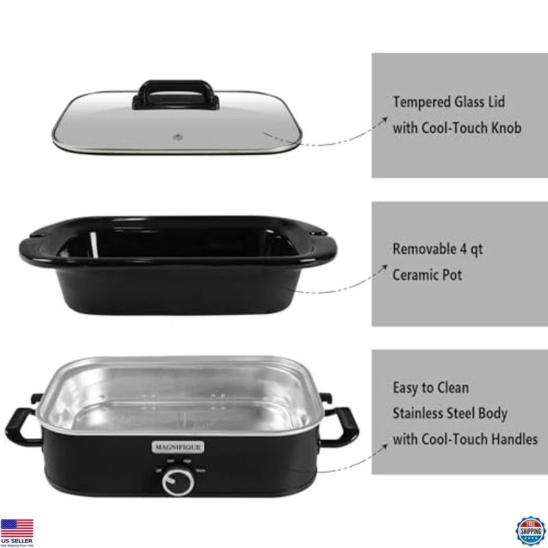 4-Quart Slow Cooker with Manual Warm Setting, Dishwasher Safe, Black - Image 3 of 4