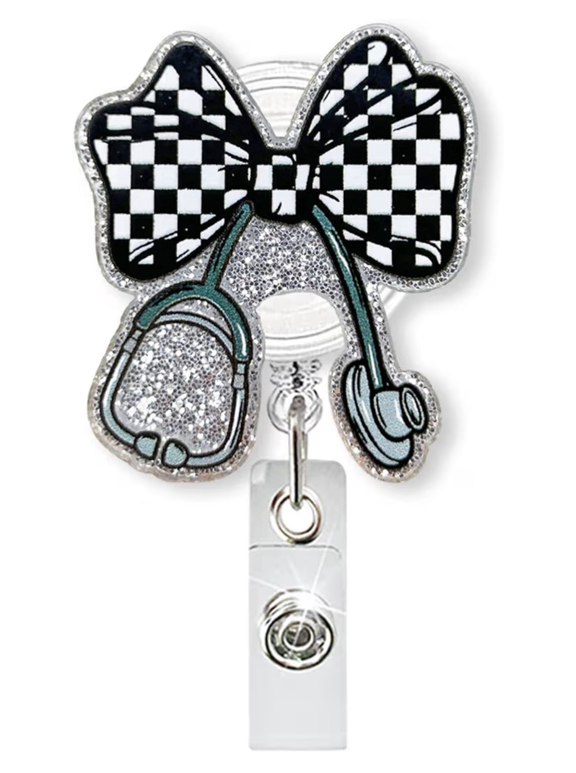 Retractable Nurse Badge Reel Stethoscope Bow Glitter ID Hold