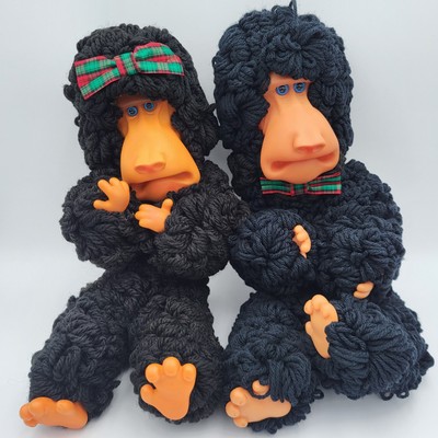 Two Vintage Hand Made Yarn Monkey Plush Toy Doll, Bendable or Poseable 20''/18''