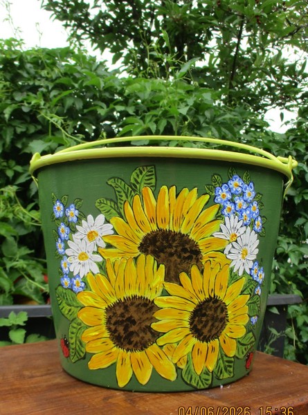 Eimer ÜBertopf Bottich KüBel Handbemalt Sonnenblumen Blumentopf Wetterfest Neu-image