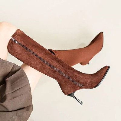Hohe Stiefel Braune Frau Absatz 9 CM Staubtücher Elegant Look Schick CF59465