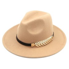 Beige Wide Brim Fedora Hat, Gold Leaf Band, Stylish Unisex Felt Panama Jazz Cap