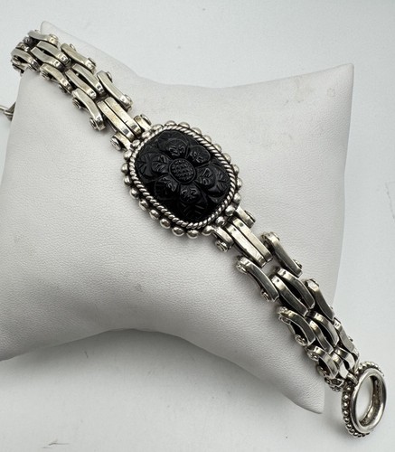 Stephen Dweck Heavy Sterling Silver Carved Black Onyx Motorcycle Link Bracelet